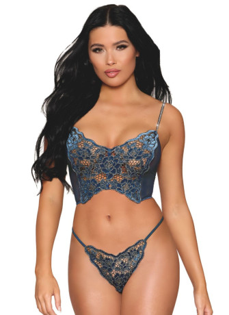 Bustier dentelle florale et résille avec strass et string assorti - DG13492BLU